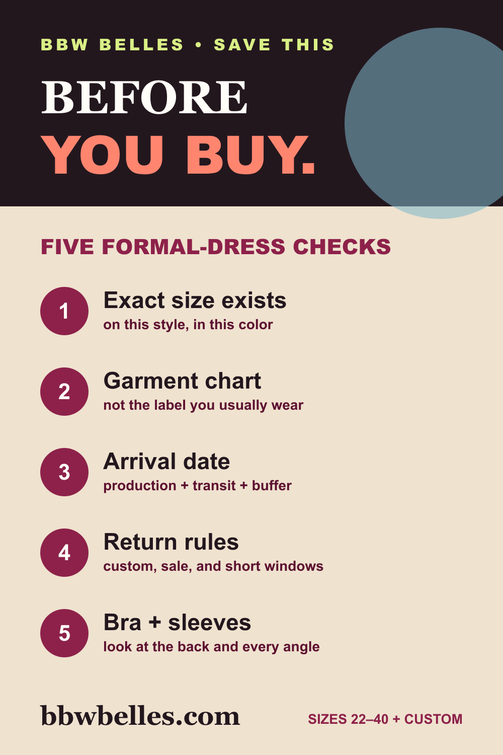 Five plus-size formal dress checks before buying: exact size, garment chart, arrival date, return exclusions, and bra and sleeve reality